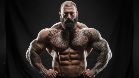 A man with a tattooed chest posing for the camera, AIの素材