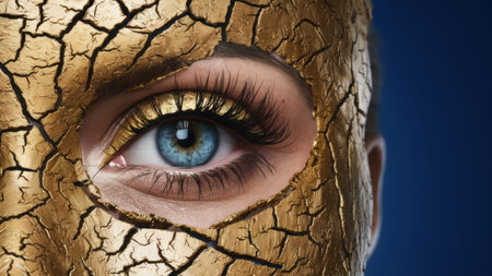A woman with blue eyes and gold mask on her face, AIの素材