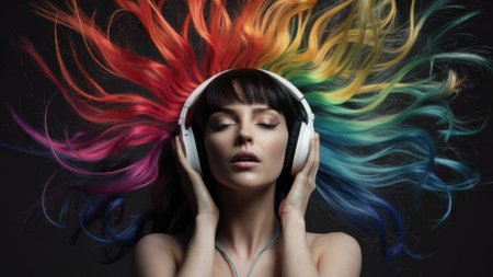 A woman with colorful hair wearing headphones and holding her head, AIの素材