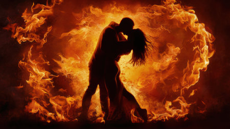 A couple kissing in a heart shaped fire with flames, AIの素材