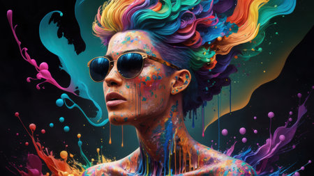 A woman with sunglasses and colorful paint splattered on her face, AIの素材