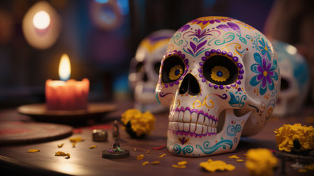A table with a skull and flowers on it next to candles, AIの素材