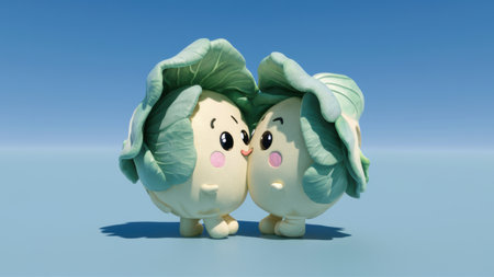 Two cute little cabbage heads with green leaves on their faces, AIの素材
