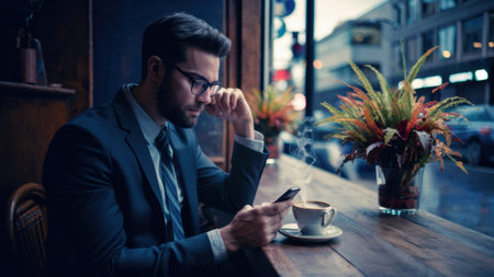 A man sitting at a table with his phone and coffee, AIの素材