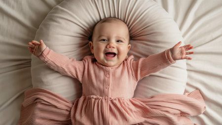 A baby in a pink dress laying on its back smiling, AIの素材