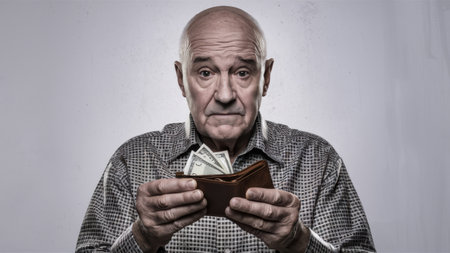A man holding a wallet with money in it and looking at the camera, AIの素材