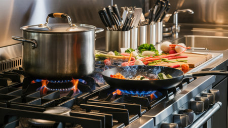 A pan of a pot is cooking on the stove top, AIの素材