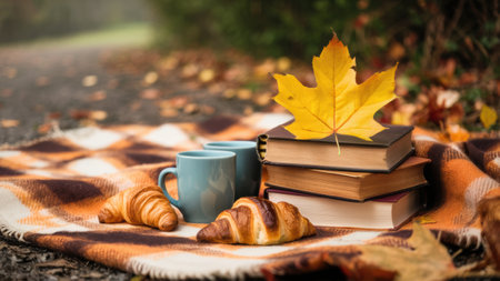 A stack of books, a cup and two croissants on blanket, AIの素材