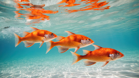 Three orange fish swimming in the water near each other, AIの素材