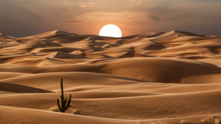 A desert landscape with a cactus in the foreground and sun setting behind, AIの素材