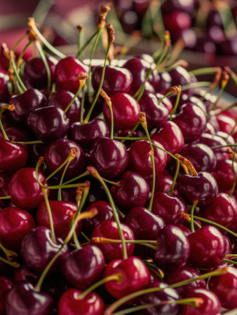 A close up of a bowl full of cherries on top of each other, AIの素材