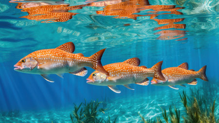 A group of fish swimming in the water near some grass, AIの素材