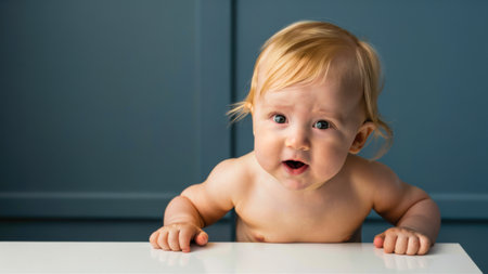 A baby with a big smile on his face sitting at the table, AIの素材
