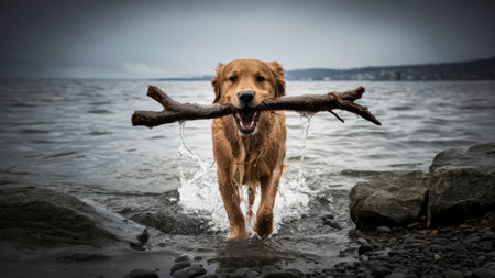 A dog carrying a large branch in its mouth across the water, AIの素材