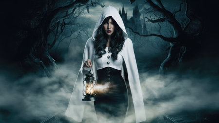 A woman in a white cloak holding an old fashioned lantern, AIの素材