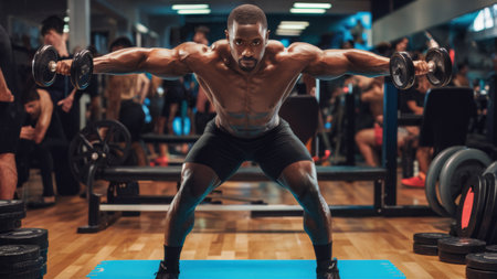 A man doing a bicep curl in the gym with dumbbells, AIの素材
