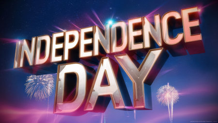 A 3d text that says independence day with fireworks in the background, AIの素材