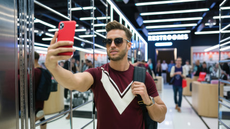 A man taking a selfie in the mirror of an electronics store, AIの素材