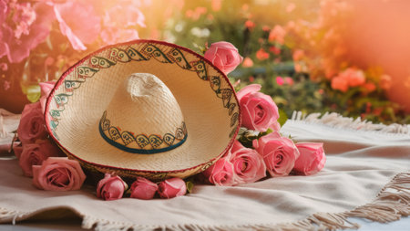 A hat and flowers on a table with some roses, AIの素材