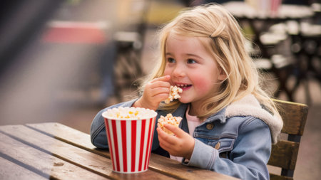 A little girl eating popcorn and drinking soda at a table, AIの素材