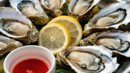 A plate of oysters with a slice of lemon on the side, AIの素材