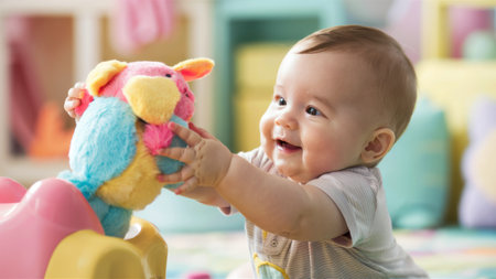 A baby playing with a stuffed animal on the floor, AIの素材