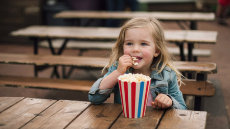 A little girl eating popcorn at a picnic table outdoors, AIの素材