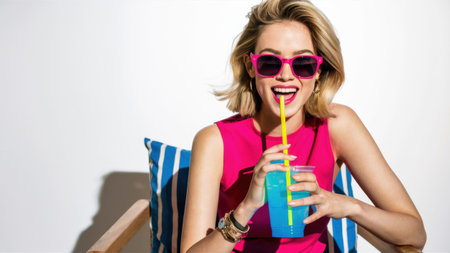 A woman in a pink shirt and sunglasses drinking from a straw, AIの素材
