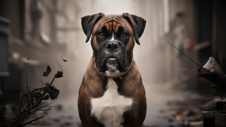 A dog with a collar and leash sitting in front of rubble, AIの素材