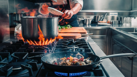 A person cooking a meal on the stove with some flames, AIの素材