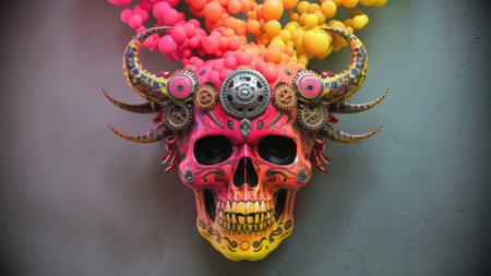 A colorful skull with many different colored balloons attached to it, AIの素材