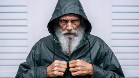 A man with a long beard and grey hair wearing rain gear, AIの素材