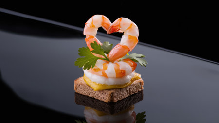 A close up of a sandwich with shrimp and heart shaped garnish, AIの素材