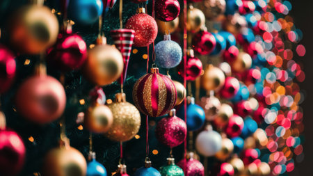 A close up of a bunch or christmas balls hanging on the wall, AIの素材