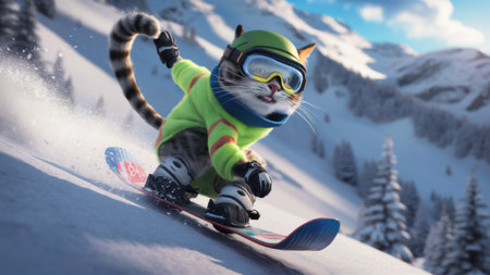 A cartoon cat in a green jacket and goggles riding on snowboard, AIの素材