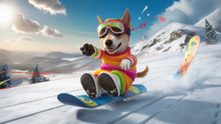A dog in a colorful outfit riding on skis down the slope, AIの素材