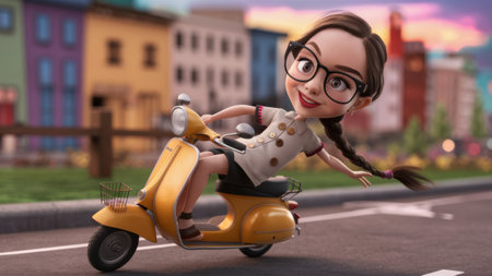 A cartoon girl riding a scooter on the street, AIの素材