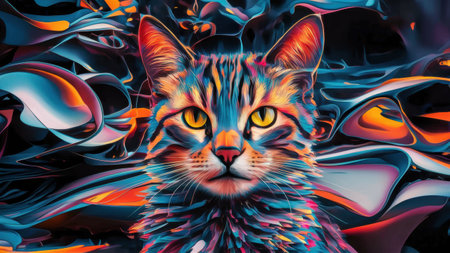 A cat is shown in a colorful painting with swirls, AIの素材