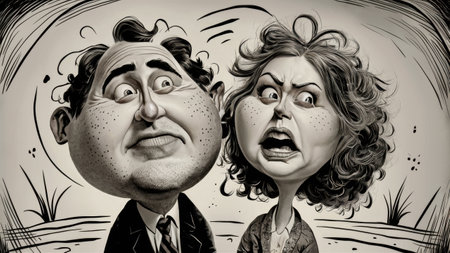 A cartoon drawing of a man and woman with big noses, AIの素材