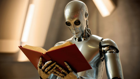 A robot holding a book in its hand and looking at it, AIの素材