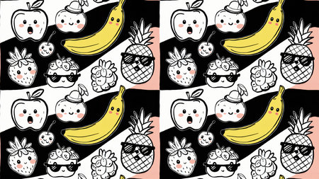 A pattern with bananas, apples and other fruit on a black background, AIの素材