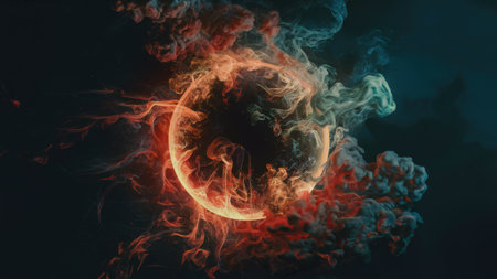 A fire ball with smoke coming out of it on a dark background, AIの素材