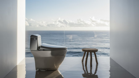 A toilet and stool in a room with the ocean view, AIの素材