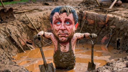 A statue of a man in the mud with shovels, AIの素材