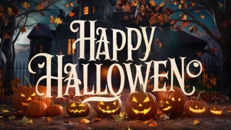 A happy halloween greeting with pumpkins and a house in the background, AIの素材