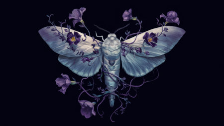 A large moth with purple flowers and leaves on its back, AIの素材