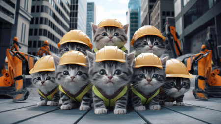 A group of kittens wearing hard hats and standing in a row, AIの素材
