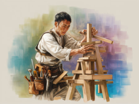 A man in a white shirt and black pants working on something, AIの素材