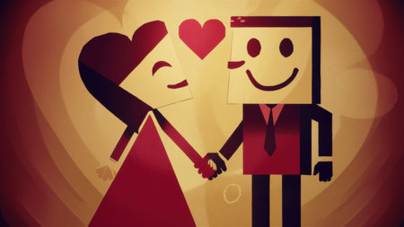 A cartoon couple holding hands with hearts above them, AIの素材
