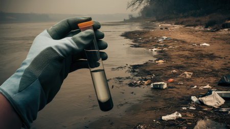 A person holding a tube of liquid in their hand near the water, AIの素材